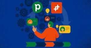 illustration of a person interacting with floating icons and chat bubbles, symbolizing communication and technology. background features gears and circular arrows, indicating process or workflow.