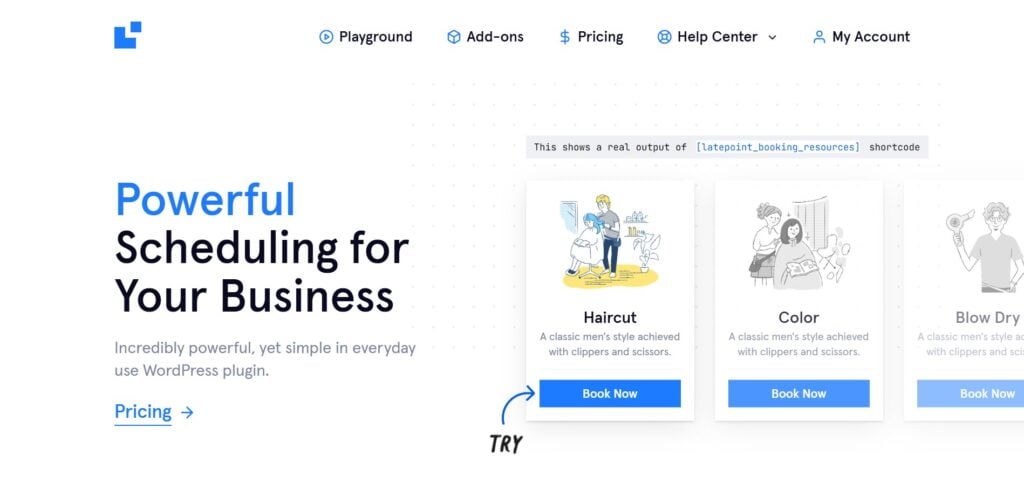 website interface showcasing a booking platform for salon services, seamlessly integrated with wordpress booking plugins. the highlighted service is a haircut, featuring a book now button. other options include color and blow dry, with navigation links like playground, add ons, and pricing at the top.