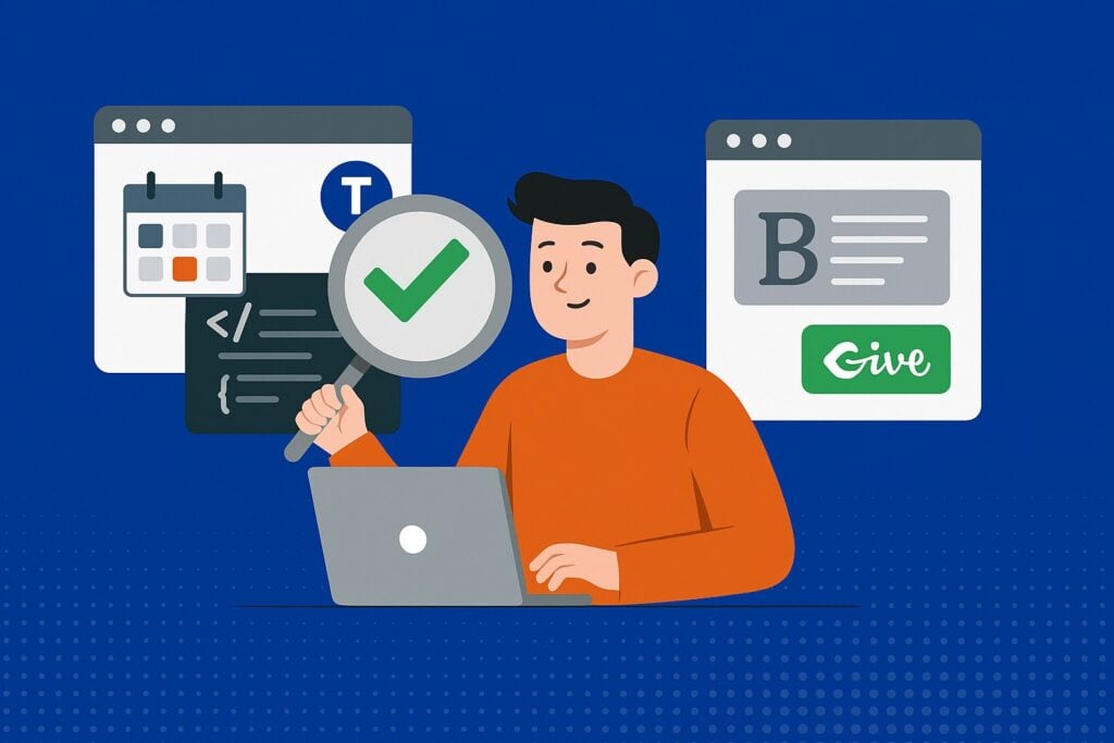 illustration of a person at a laptop, holding a magnifying glass with a green checkmark. browser windows in the background showcase the events calendar, code, and a givewp button. the blue backdrop with dots adds depth, hinting at seamless integration of wordpress plugins.