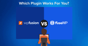 a person sitting at a computer compares wp fusion and fusewp plugins, with the question which plugin is the best fit for you? displayed at the top of the image.