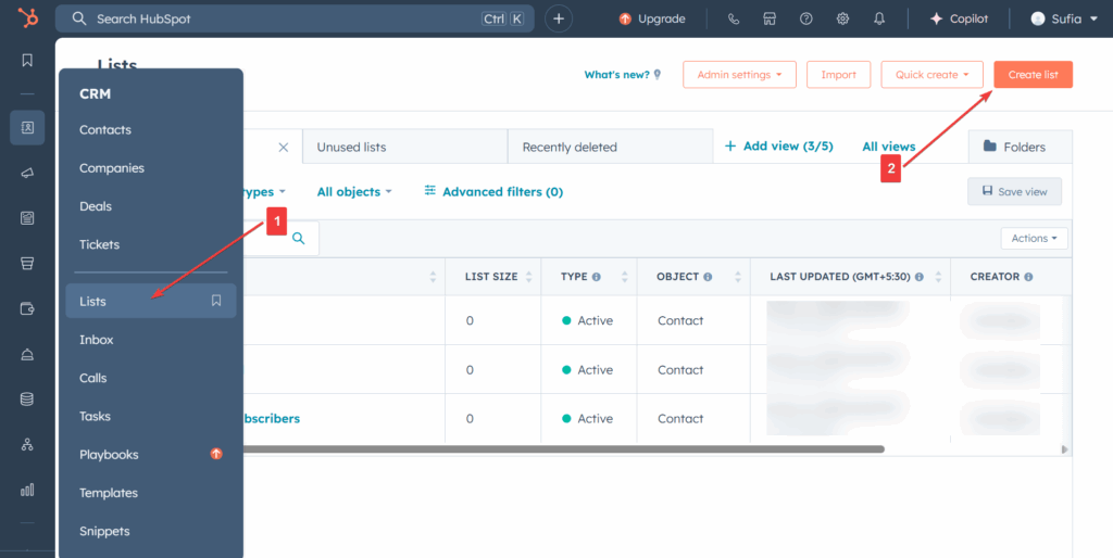 screenshot of hubspot’s dashboard showing steps to create a new list for affordable marketing automation: 1) select lists from the crm sidebar menu; 2) click the orange create list button on the upper right.