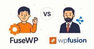 illustration comparing fusewp and wp fusion. on the left, a person in orange holds a gear icon with fusewp text. on the right, a person in a suit stands above the wp fusion logo. vs appears in the center to help you decide which is the best fit.