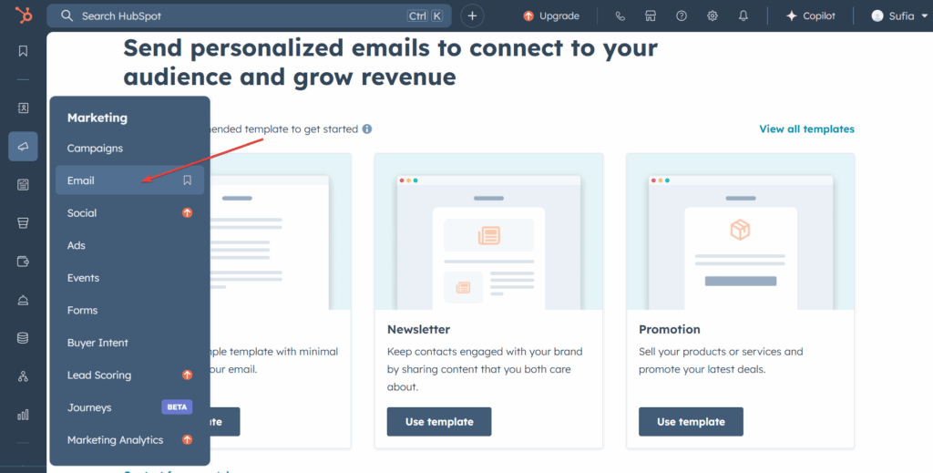 screenshot of the hubspot dashboard showing the email option highlighted under the marketing menu, with email campaign templates displayed—highlighting powerful marketing automation features for wordpress websites.