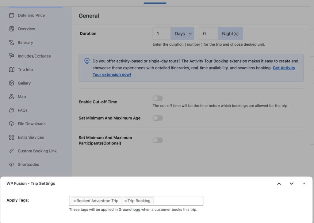 a website settings page shows options for configuring trip details, including duration, cut off time, age limits, and participant numbers. at the bottom, wp travel engine tags for booked adventure trip and trip booking are set for wp fusion.