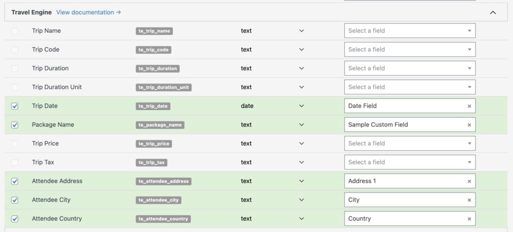 a settings interface for the wp travel engine plugin displaying fields like trip name, trip code, trip duration, trip date, package name, trip price, trip tax, and attendee details with selectable field types.