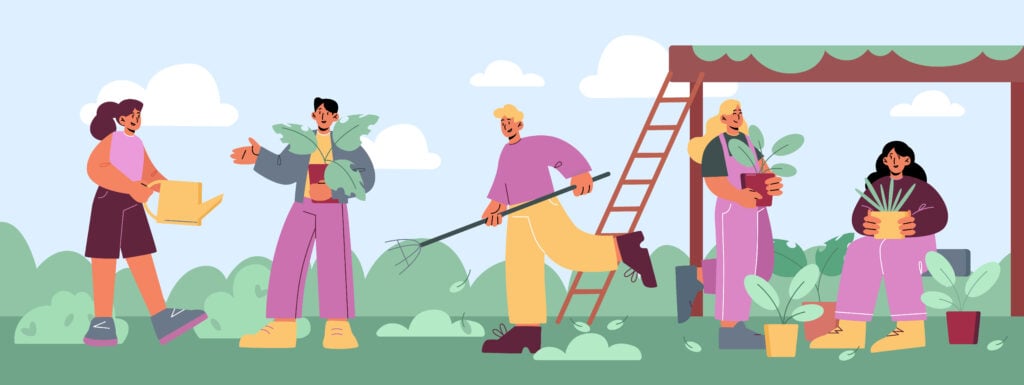 illustration of five people gardening outdoors, holding plants and tools, discussing the differences and similarities between crms and esps while standing among greenery near a pergola under a partly cloudy sky.