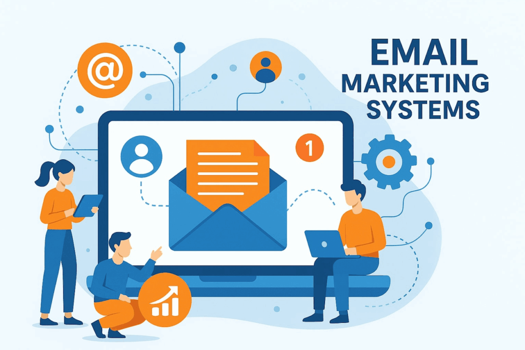 illustration of three people using devices before a large laptop with an email notification. icons represent email, users, settings, and analytics. text reads email service providers—highlighting differences and similarities with crms and esps.