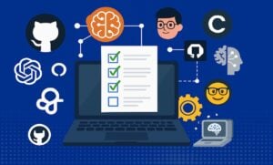 illustration of a laptop displaying a checklist, surrounded by icons for free tools like ai, github, openai, and other tech symbols. stylized avatars are connected by lines, with a smaller laptop showcasing ai support tools nearby.