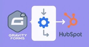 illustration featuring gravity forms and hubspot logos connected by a gear with arrows, visually representing a seamless hubspot integration. ideal for a step by step guide on connecting gravity forms with hubspot.