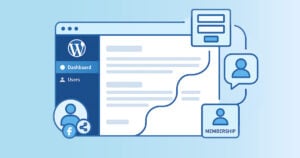 illustration of a wordpress dashboard with icons for users, wp fusion, and social sharing, highlighting website management, user registration options, and community features on a light blue background.