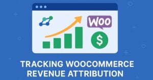 a graphic of a web browser window with a rising bar graph, upward arrow, woocommerce logo, and dollar sign above the text tracking woocommerce revenue attribution with wp fusion on a blue background.