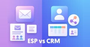 illustration comparing esp vs crm; esp side features an envelope icon and people, while crm side shows a user icon, calendar, graph, and contact card. “esp vs crm: 2025 guide” highlights key differences at the bottom.