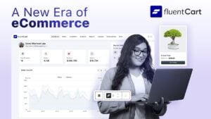 a woman smiles while using a laptop. behind her is a dashboard showing ecommerce sales data. the text reads "a new era of ecommerce with fluentcart" and includes the fluentcart logo, a bonsai product image, and "simplify your stack.