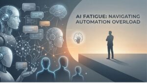 a human silhouette stands at the edge of a platform facing digital robots, dialogue bubbles, and neural network graphics, with the text ai overload: navigating automation fatigue and smart tools beside them.