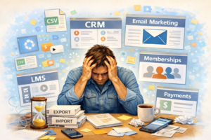 a stressed business admin sits at a cluttered desk, surrounded by paperwork, coffee, and devices, deep in the admin trenches with screens labeled crm, email marketing, memberships, payments, csv, lms, export, and import in the background.
