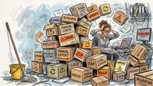 a stressed person sits at a cluttered desk surrounded by stacks of labeled boxes and papers with tech related terms, such as error, export, update, and tech stack, symbolizing overwhelming it tasks and workflow chaos.