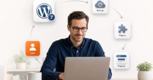 Business owner at laptop with floating WordPress 7, backup, staging, plugins, and CRM icons — planning a safe site update