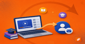 Orange WP Fusion illustration of laptop course content connecting to a CRM user icon