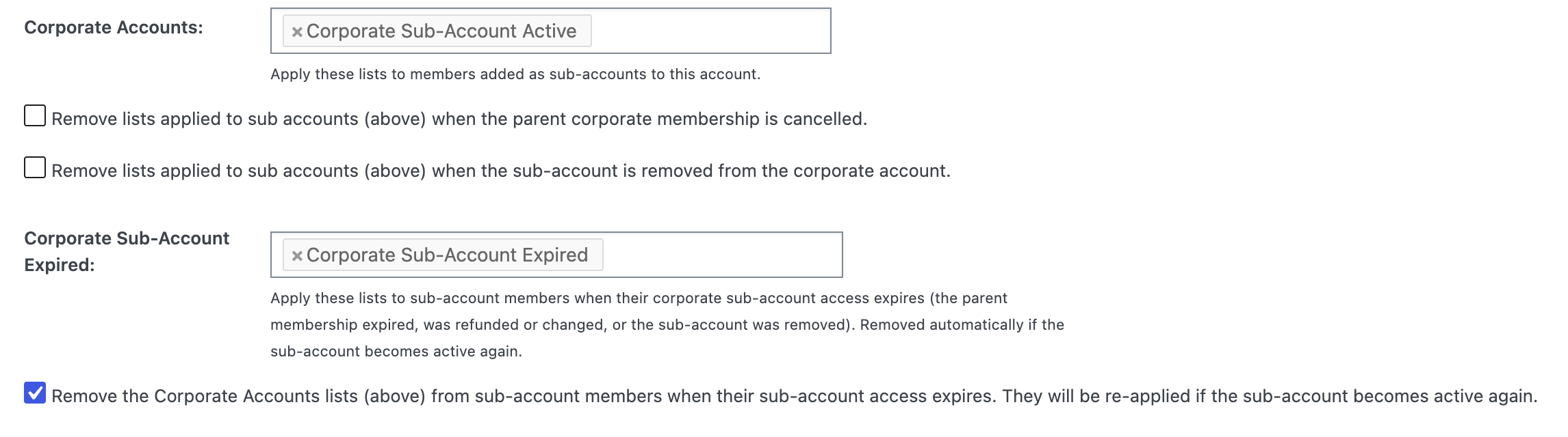 MemberPress WP Fusion tab showing the Corporate Accounts, Corporate Sub-Account Expired, and Remove Corporate Account Tags On Expiry settings