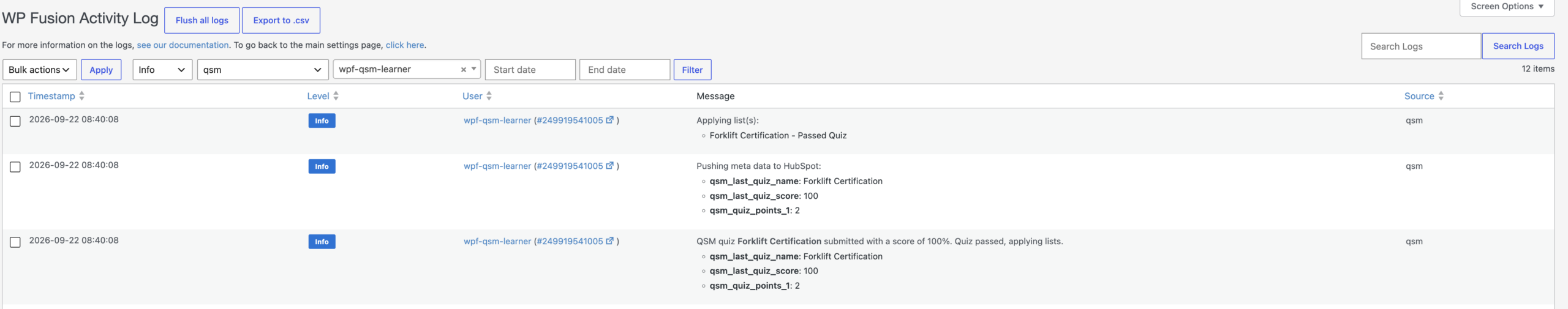 WP Fusion activity log showing a passed QSM quiz submission and field sync