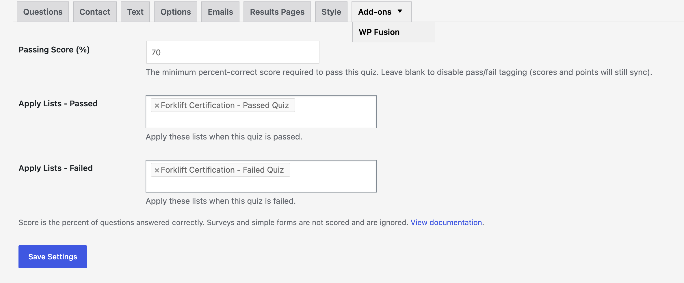 The QSM quiz settings Add-ons dropdown open, showing the WP Fusion tab