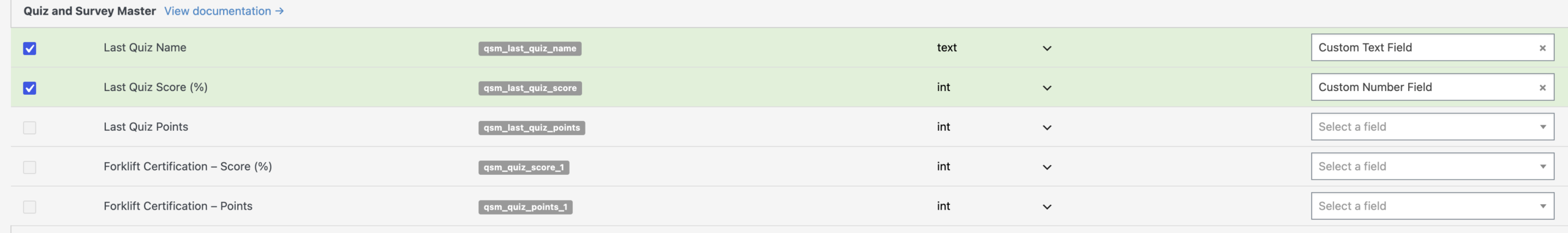 The Quiz and Survey Master field group in WP Fusion Contact Fields settings