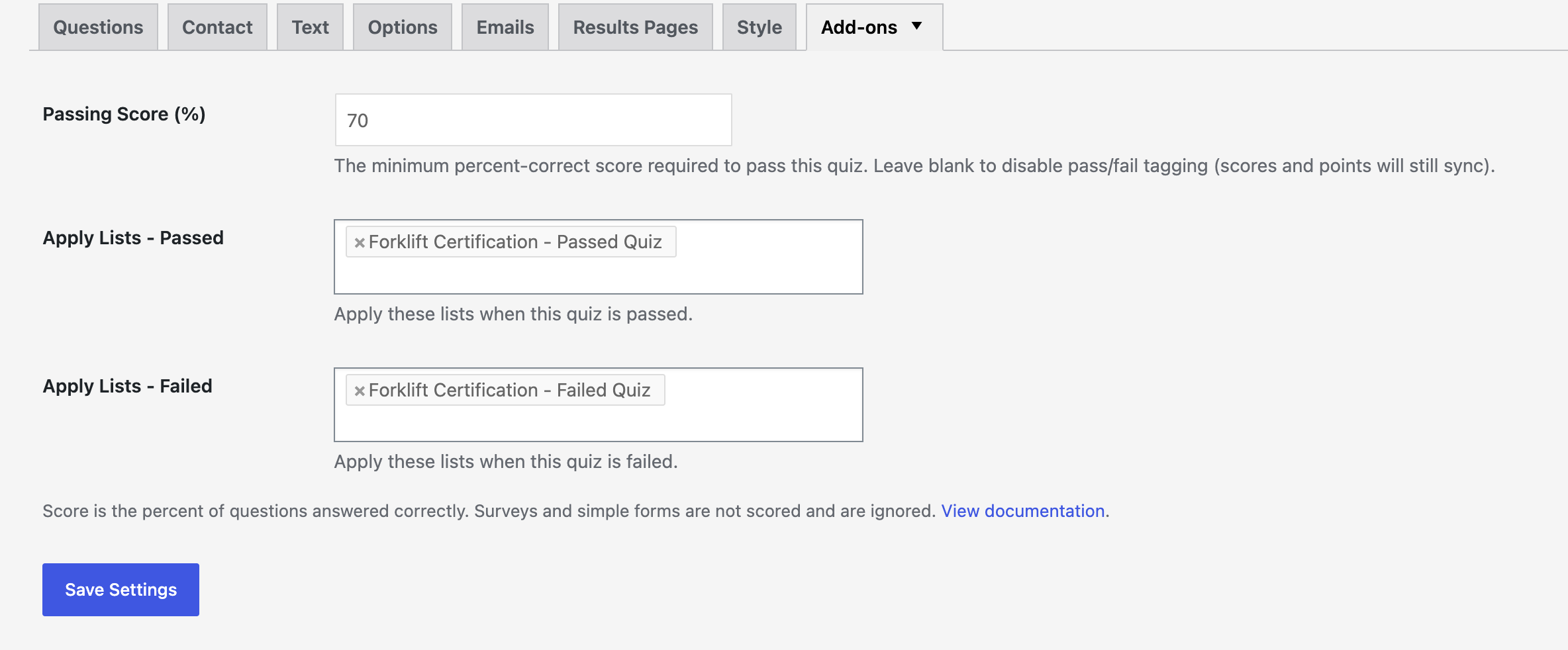 The WP Fusion tab on a QSM quiz, showing Passing Score and Apply Tags Passed/Failed settings