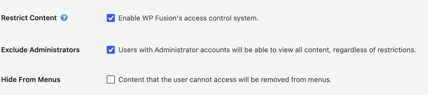 WP Fusion settings showing the Exclude Administrators checkbox enabled