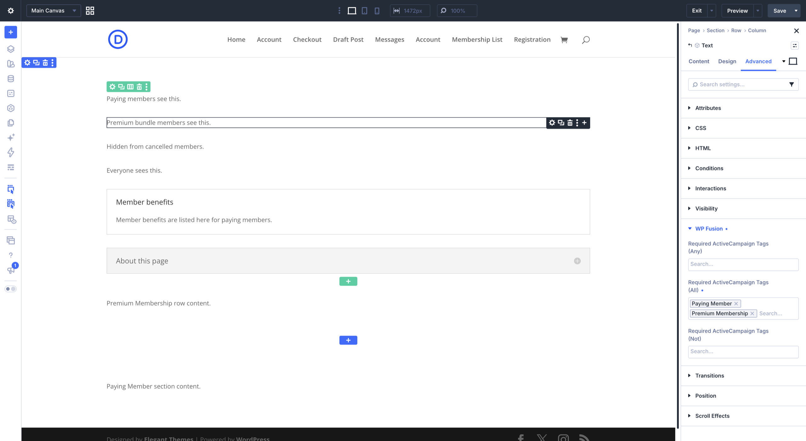 Divi 5 Visual Builder Text module converted from Divi 4, Advanced tab, WP Fusion group with the Divi 4 tag names Paying Member and Premium Membership shown as chips in the Required Tags (All) picker