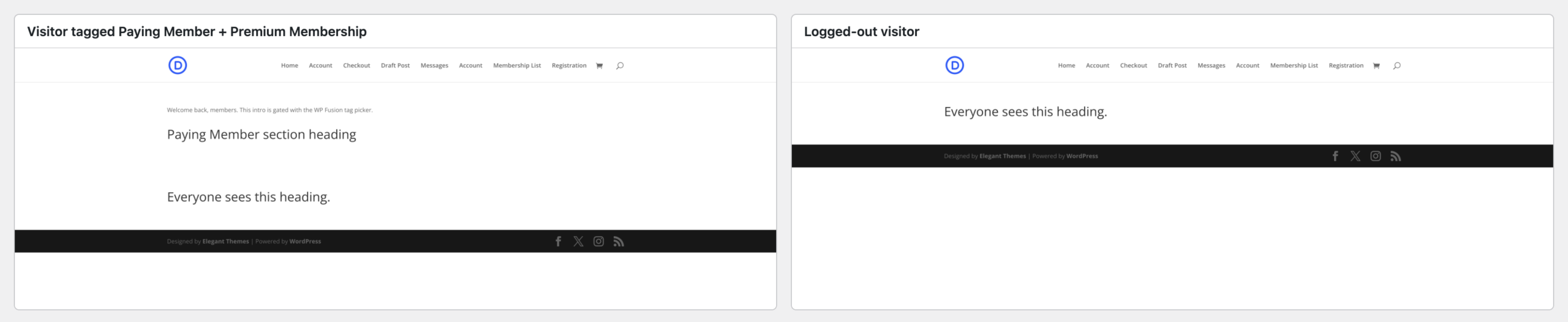 Divi 5 page front end: a visitor tagged Paying Member and Premium Membership sees the restricted modules, a logged-out visitor sees only the public heading