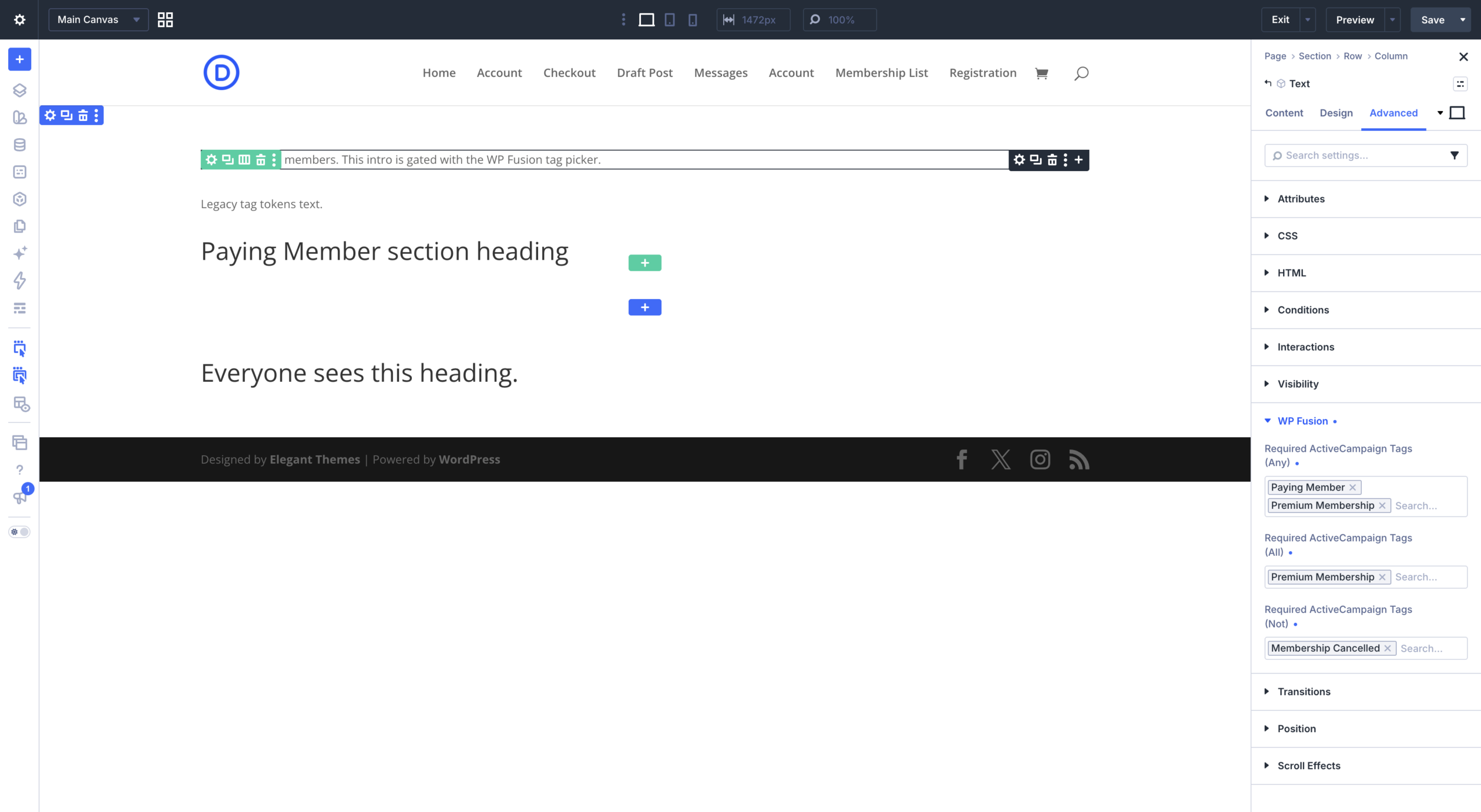Divi 5 Visual Builder Text module, Advanced tab, WP Fusion group with Required ActiveCampaign Tags (Any), (All) and (Not) pickers showing selected tags as chips