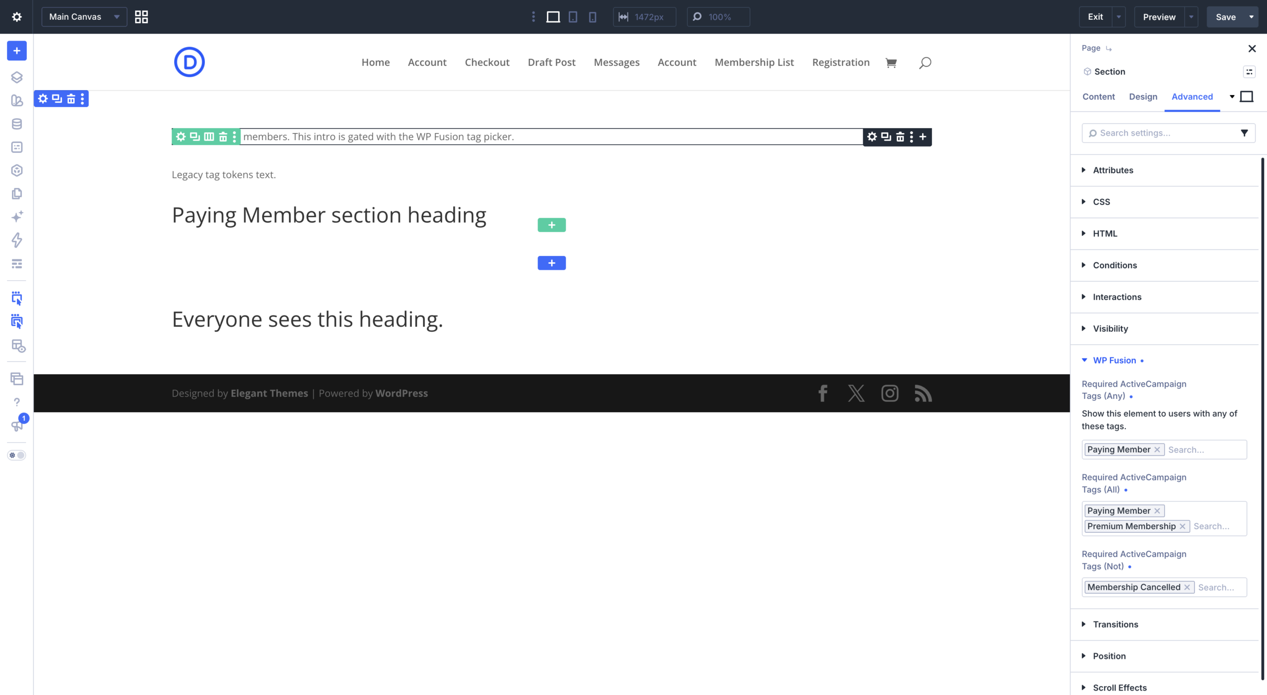 Divi 5 Visual Builder Section settings, Advanced tab, WP Fusion group with the three required tag pickers and a field description