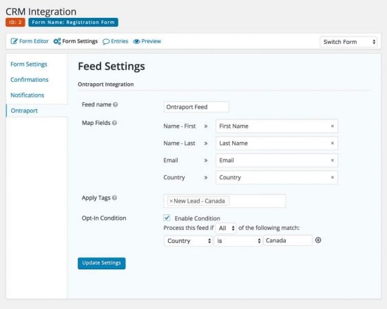 Gravity Forms feed configuration